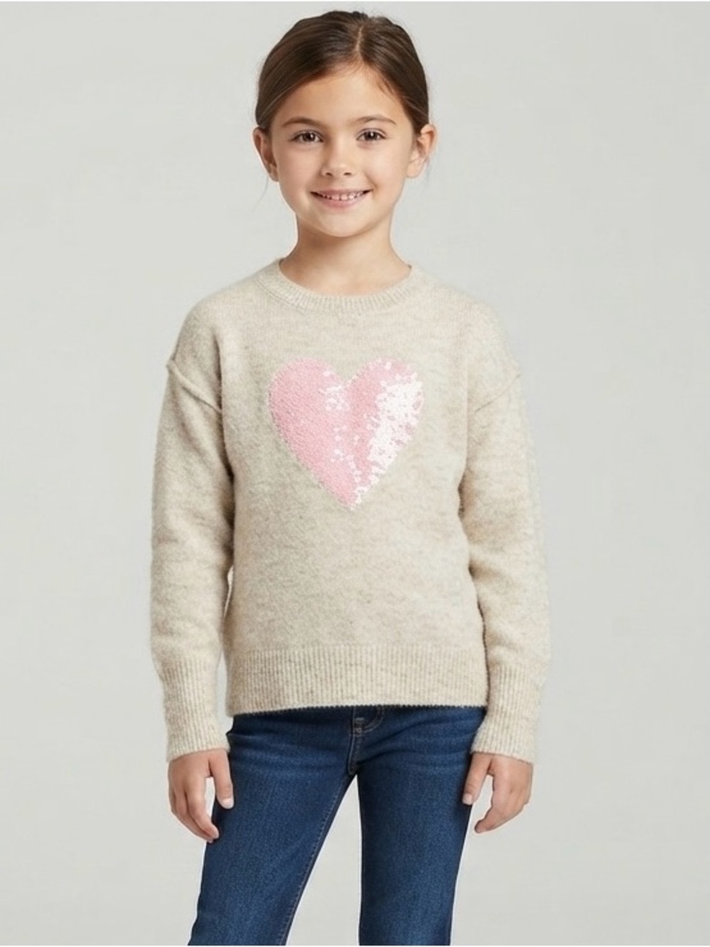 CeCe Cream Crewneck Sweater with Pink Heart Motif